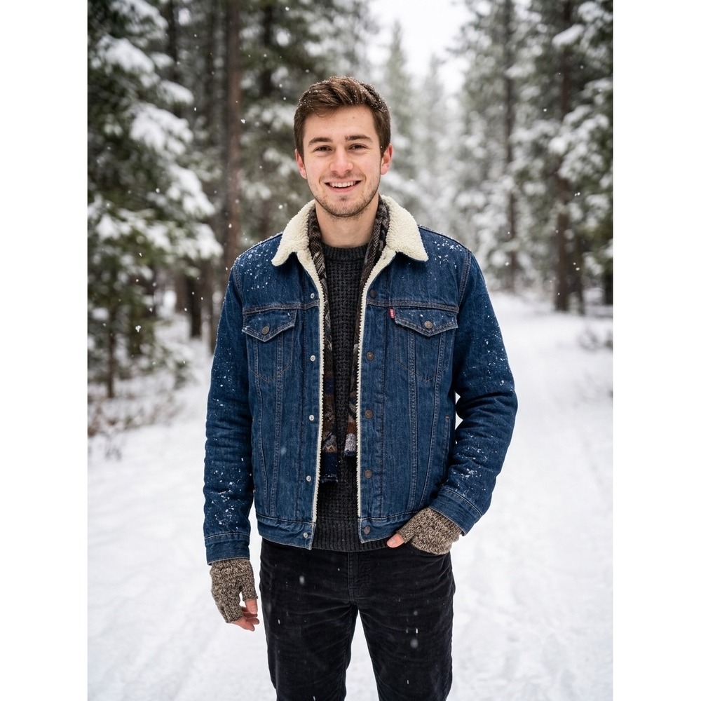 Levis Sherpa Trucker Jacket Mens Dark Wash Denim Faux Fur Lined Blue Coat